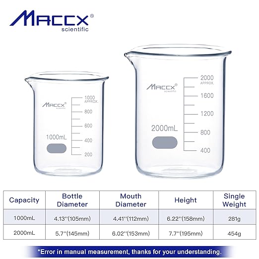 Sturdy Glass Beakers, 2 Sizes of 1000ml 2000ml,3.3 Borosilicate Griffin Low Form with Printed Graduation, BKLS06-002
