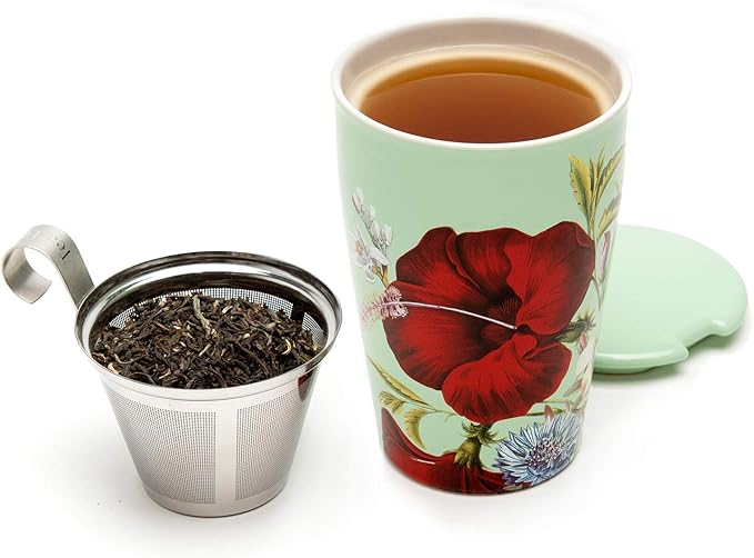 Tea Forte Double-Walled Ceramic Kati Cup, Removable Stainless Steel Infuser Basket and Lid, Steeps 12 oz Loose Leaf Tea, Dishwasher & Microwave Safe, Fleur