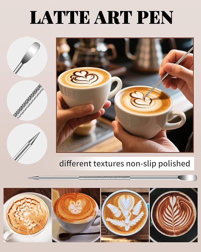 Milk Frothing Pitcher 350ml/12oz Steaming Pitchers Stainless Steel Milk Cappuccino Coffee with Decorating Art Pen, Powder Shaker, 16 Pieces Coffee Decorating Stencils