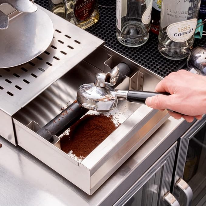 Restaurantware Restpresso 13.5 x 9.75 x 3.75 Inch Espresso Knock Box 1 Vented Coffee Knock Box - Detachable Drawer Silicone Knock Bar Silver Stainless Steel Coffee Grounds Knock Box Durable