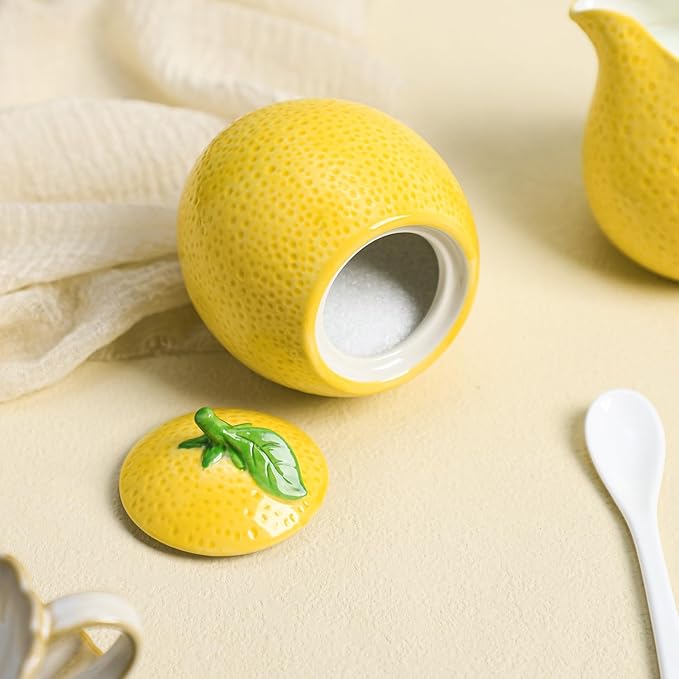 CHOOLD Ceramic Lemon Shape Creamer and Sugar Bowl Set, Cream Pitcher, Sugar Bowl with Lid, Coffee Serving Set