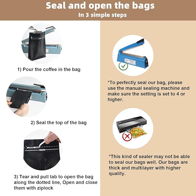 100 Count ½ LB Black Color Foil Coffee Bags with Degassing Valve, High Barrier Aluminum Foil - Flat Bottom Coffee Pouches, Food Storage Bags with Rsealable Zipper & Easy Open Tape (Pack of 100,