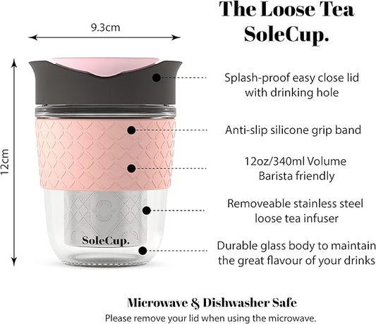Travel Mug Loose Tea Infuser - Detachable Tea Strainer with Spillproof Lid - BPA-Free Reusable Glass Travel Coffee Cup with Silicone Band (Gray and Pink, 12oz)