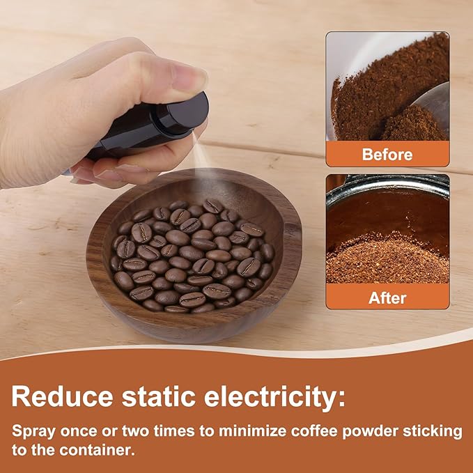 Coffee Bean Dosing Cup and Spray Bottle Set, Walnut Wood Round Bean Measuring Tray Espresso Spritzer Tools Accessories with Static Reduction Spray for Coffee Enthusiast