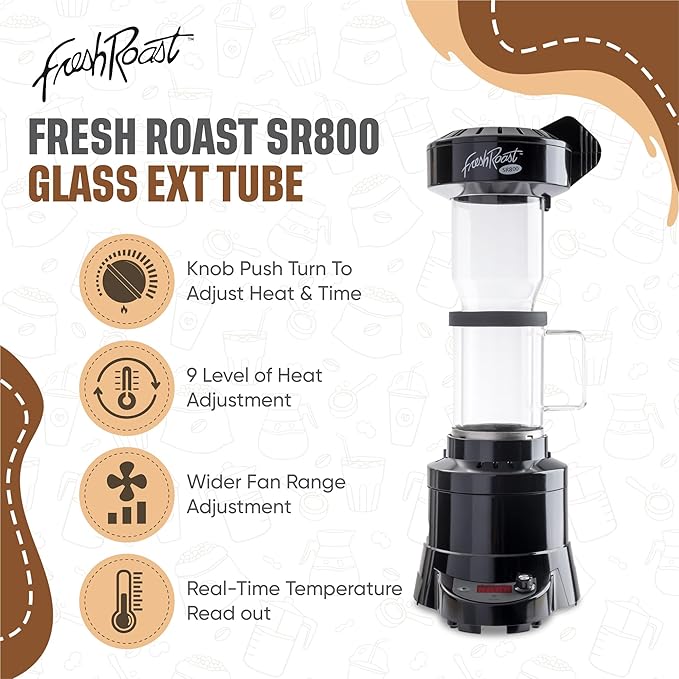 Fresh Roast Coffee Roaster Bundle SR800, Glass Extension Tube, Pour Over Digital Scale, 800ML Glass Pour Over, Electric Kettle, (2lbs) Sample Pack of Green Beans, (2-Pack) Sample Trays, Chaff Brush