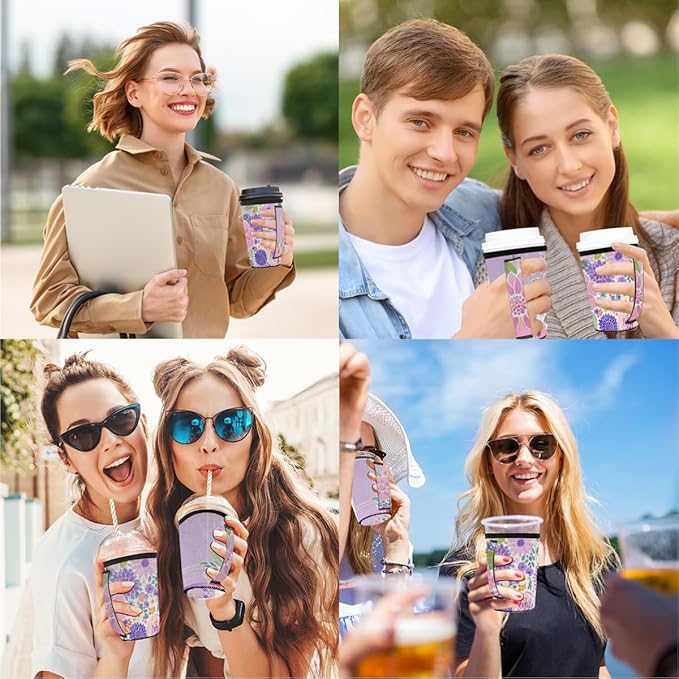Purple Flowers Reusable Insulator Coffee Sleeves for Drinks Beverages, Neoprene Holder with Handle for Most Coffee or Ice Drink, 16-18oz