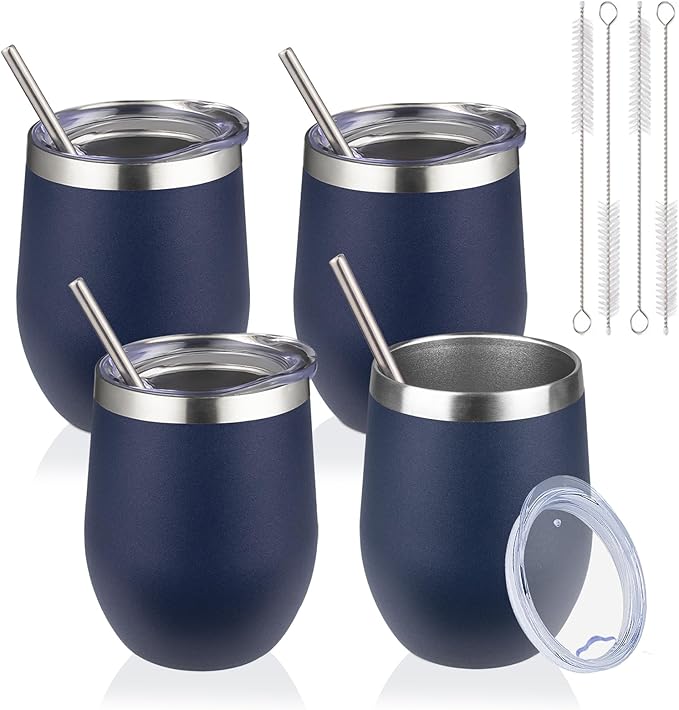 12oz/4 Pack Wine Tumbler with lid, Stainless Steel Travel Mugs Stemless Double Wall Insulated Coffee Cup, Insulated Wine Glasses Travel Tumbler for Cold & Hot Drinks(Navy Blue,4)