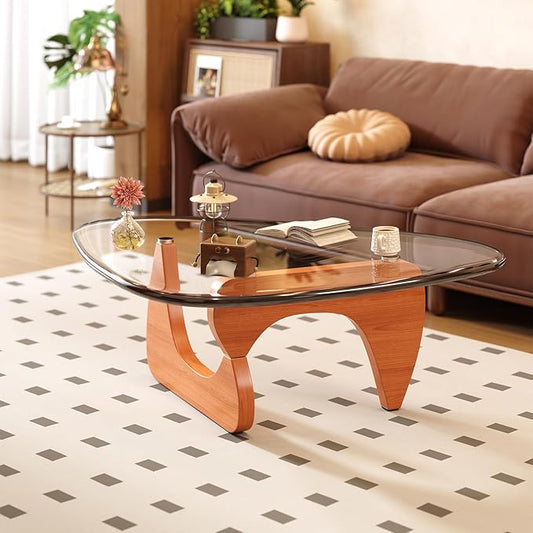 Coffee Table for Living Room Mid Century Modern Center Small Table with Glass Top and Wood, Walnut Transparent