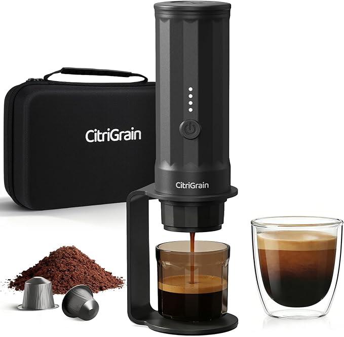Portable Espresso Maker, Self-Heating Travel Espresso Machine, USB-C Rechargeable, for Ground Coffee & NS Capsules
