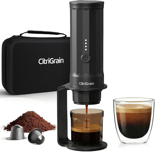 Portable Espresso Maker, Self-Heating Travel Espresso Machine, USB-C Rechargeable, for Ground Coffee & NS Capsules