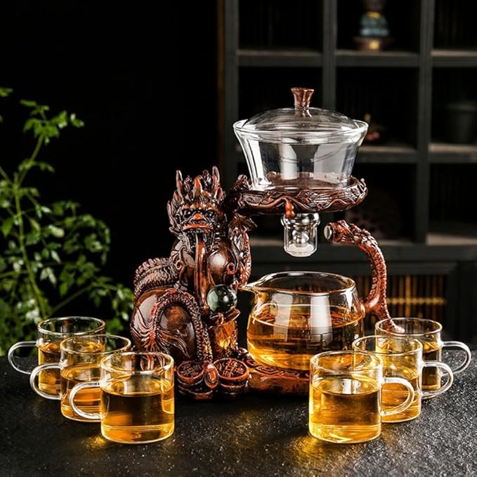 Glass Teapot Set with Infuser Semi Automatic Dragon Tea Set with 6 Small Cups (red dragon)