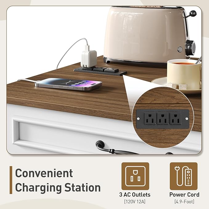 Kitchen Island with Power Outlets & Drop Leaf, Rolling Kitchen Cart on Wheels, Kitchen Storage Island with Spice Rack and Drawer for Kitchen, Dinning Room, White and Walnut