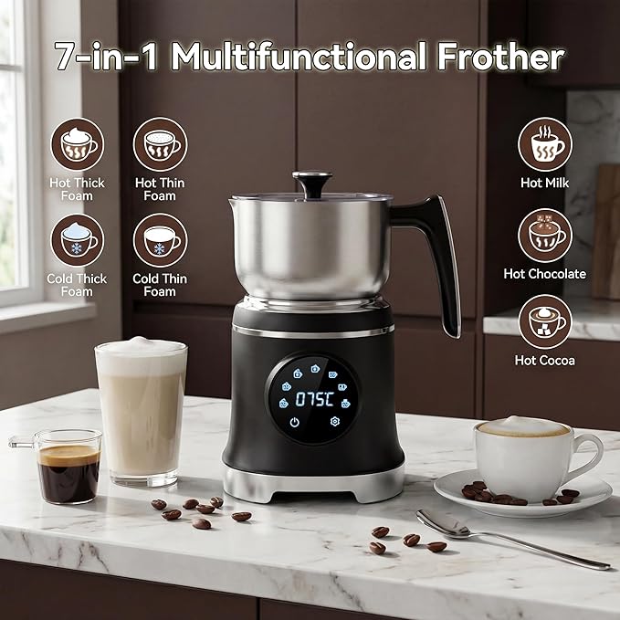 7-IN-1 Milk Frother, 20.3 OZ Milk Frother and Steamer with Temperature Control Stainless Steel Electric Milk Frother Dishwasher Safe Hot and Cold Foam for Latte Hot Chocolate Cocoa (Black)