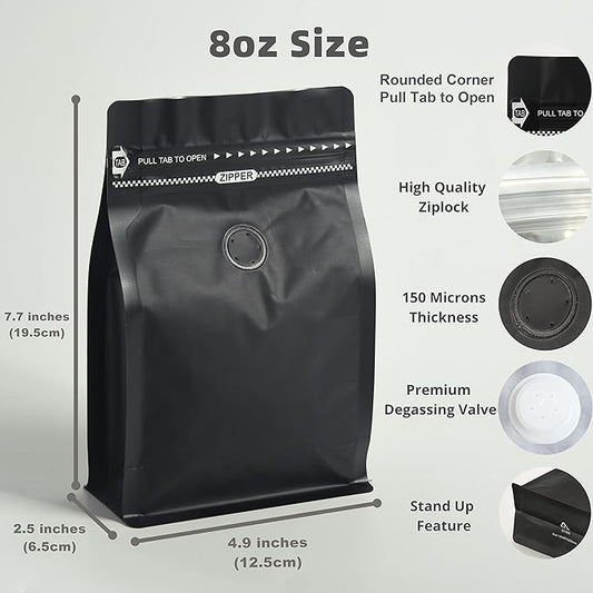 Black Coffee Bags with Valve (Pack of 50, 8oz/0.5lb Size) - High Barrier Aluminum Foil - Flat Bottom Coffee Pouches with Rsealable Zipper & Easy Open Tape