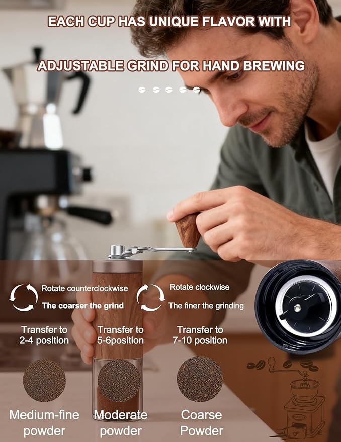 Manual Coffee Grinder with 5 Adjustable Settings Portable Conical Burr Mill with 30g Capacity for Espresso French Press Pour Over Travel & Home Use Elegant Wood Grain Finish