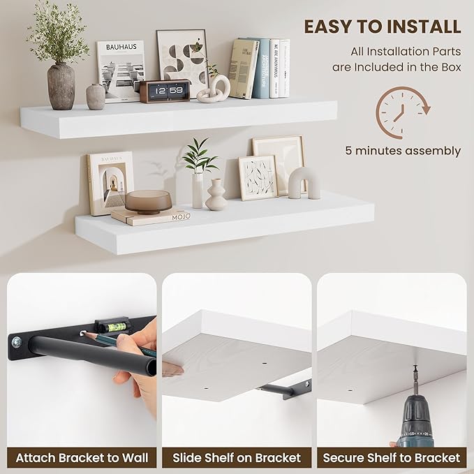 Fun Memories 32 x 12 Floating Shelves Wall-Mounted - Rustic Wood Shelf - 12 Inch Deep Floating Shelves for Wall - Large Storage Shelf for Bathroom - Kitchen & Bedroom - White - Set of 2