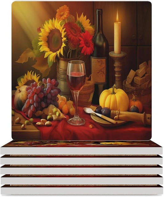 6PCS Red Wine Drink Coasters, Square Modern Ceramic Absorbent Coasters, Retro Wood Style Red Wine Fruit Grapes Fruit Floral Sunflower Decor Desk Coffee Table Coaster for Beverage Cup Tea Coasters