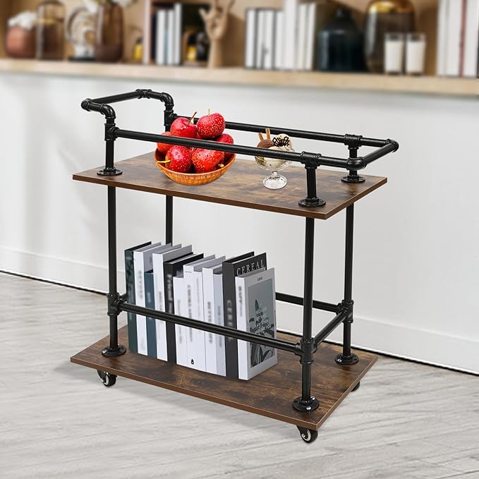 Industrial Bar Cart with Wheels, 2-Tier Rolling Kitchen Serving Cart, Mobile Wine Rack Storage Cart with Locking Casters for Home Bar Cafe Office