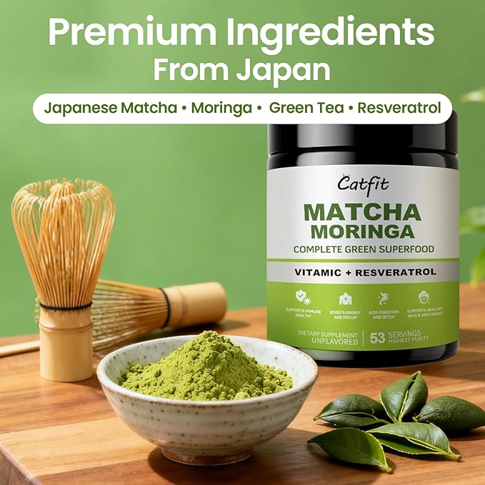 Catfit Matcha Powder with Moringa, Green Tea and Resveratrol, 4-in-1 Superfood for Energy, Immune, Digestion and Antioxidant Support, Vegan, Gluten-Free, 5.64 oz