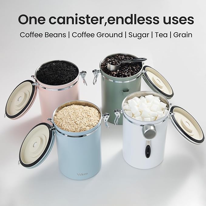 Veken Coffee Canister, 39OZ Large, Airtight Stainless Steel Food Storage Container for 2.2lbs Coffee Beans, Ground, Sugar, Tea, Flour, Cereal, Kitchen Bar Accessories with Date Tracker & Scoop, Green