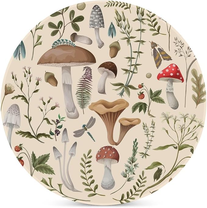 Botanical Drink Coasters, Round Ceramic Drink Coaster Round-4PCS, Nature Cartoon Botanical Leaves Mushroom Plants Pattern Decor Absorbent Ceramic Coasters for Beverage Cup, Bar, Coffee Table