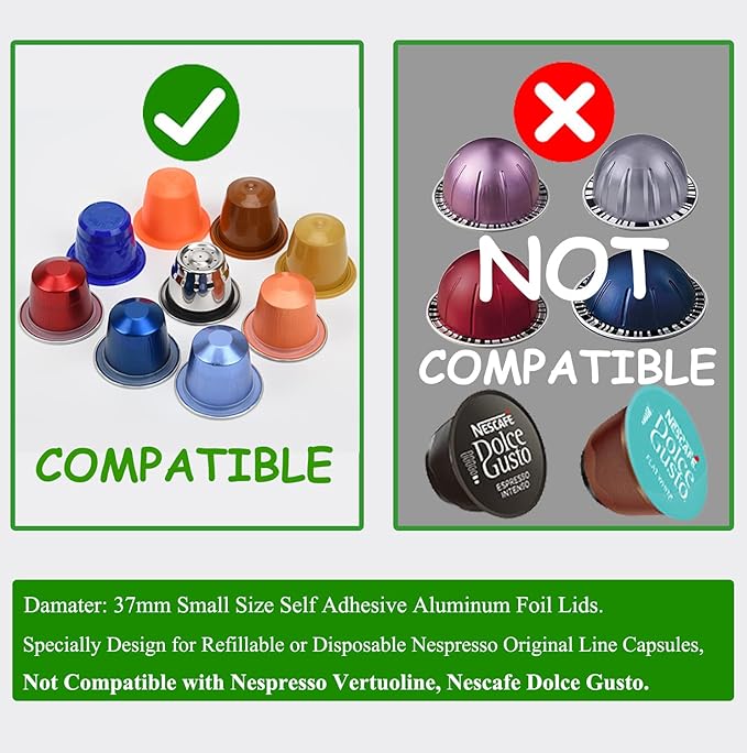 Aluminum Espresso Lids Foil Seals Stickers for Reusable Espresso Capsules Refillable Coffee Pods Stainless Steel Cups Filters Compatible with Nespresso Original Line Machines (100 Pcs Lids (37mm))
