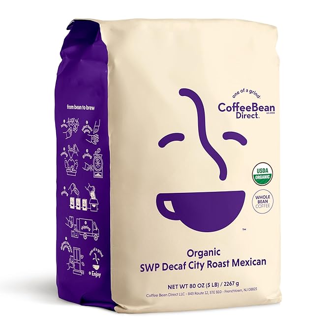 Coffee Bean Direct Organic Swiss Water Process Mexican Chiapas, Whole Bean Coffee, City Roast, 5 Pound Bag (Pack of 1)