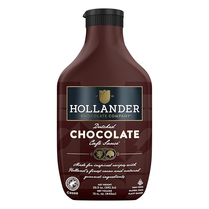 Hollander Dutched Chocolate Cafe Sauce | Vegan Friendly, GMO-Free, Gluten/Soy Free, Corn Syrup Free | 15 fl. oz. Squeeze Bottle