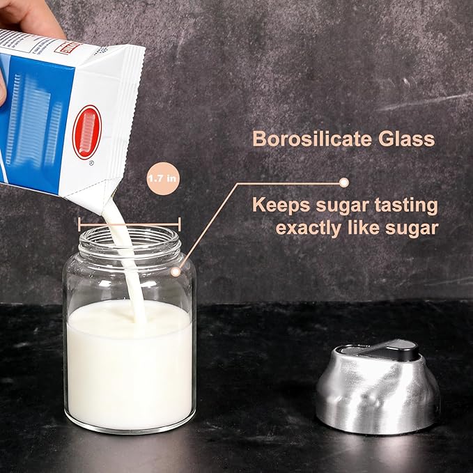 Aelga Glass Coffee Creamer Container Set, Creamer Pitcher 7oz + 12oz Glass Dispenser Container Set for Creamer, Milk and Spices, Coffee Bar Accessories, Pack of 2