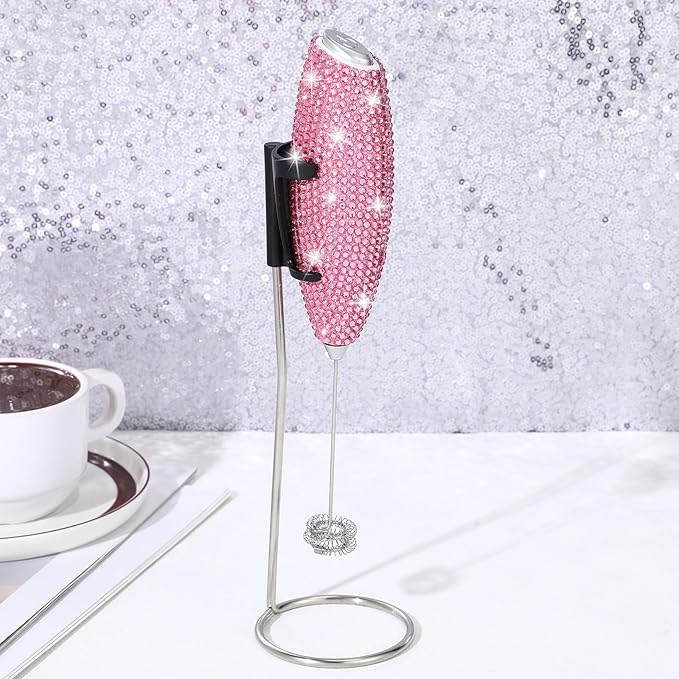 Rhinestone Milk Frother with Stand Sparkly Handheld Battery Operated Electric Foam Maker with Bling Handle, Single Coil Head Whisk Coffee Drink Mixer for Lattes Matcha(Pink)