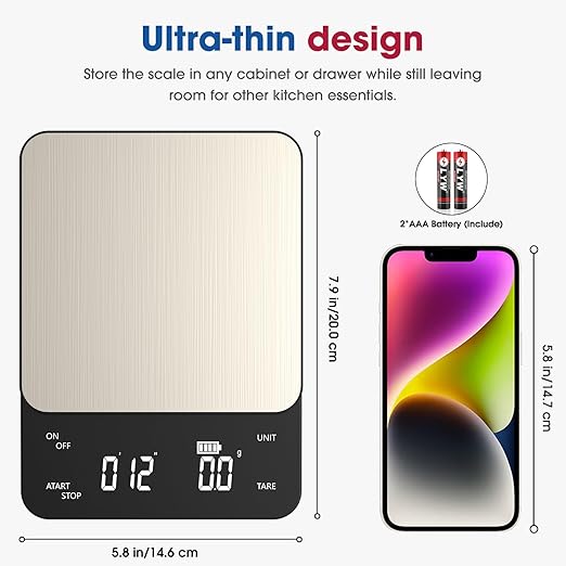 Mik-Nana Digital Coffee Scale with Integrated Timer, 0.1g High Precision Kitchen Food Scale for Pour Over and Espresso, 11lb/5kg Capacity, Large Backlit LCD Display (Batteries Included)