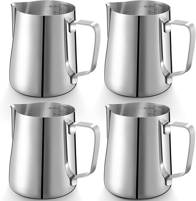 Honeydak 4 Pcs Milk Frothing Pitcher 304 Stainless Steel Steaming Pitchers for Coffee Bar Cappuccino Barista Tools Milk Jug Steamer Frother Cup (30 oz)