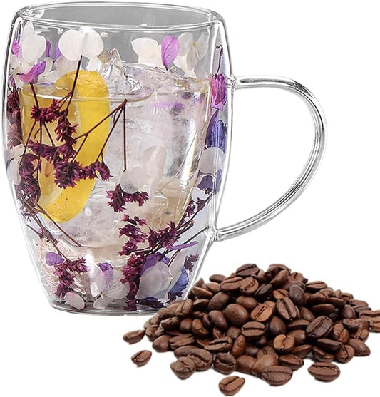 Flower Glass Double Wall Glass - 350ml Aesthetic Dried Flowers Double Wall Glass Coffee Mugs | Clear Glass Cups With Handle,Anti-Scalding Coffee Cups For Hot Beverages,Tea Or Coffee
