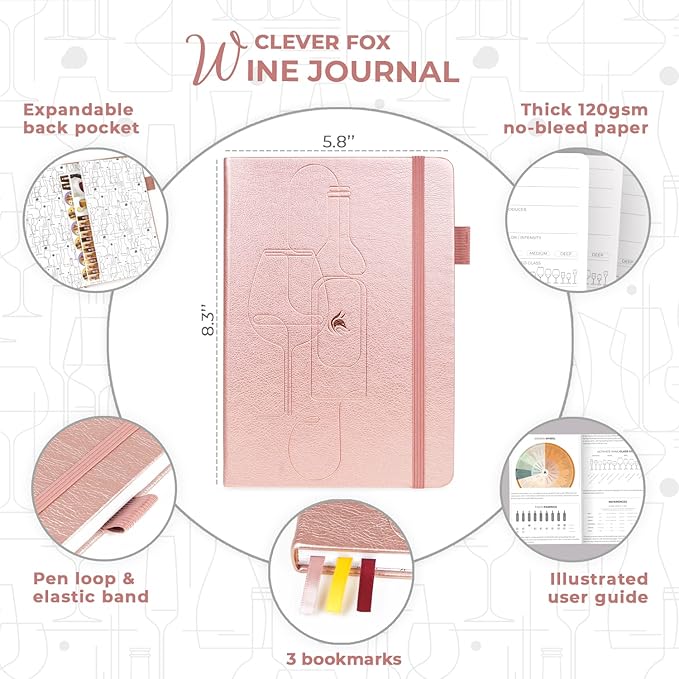 Clever Fox Wine Journal for Wine Tasting – Guided Wine Diary & Log Book with Tasting Instructions, Aroma Wheel, Food Pairing & Glass Guide – 132 Entries, Hardcover, A5 Size (Rose Gold)