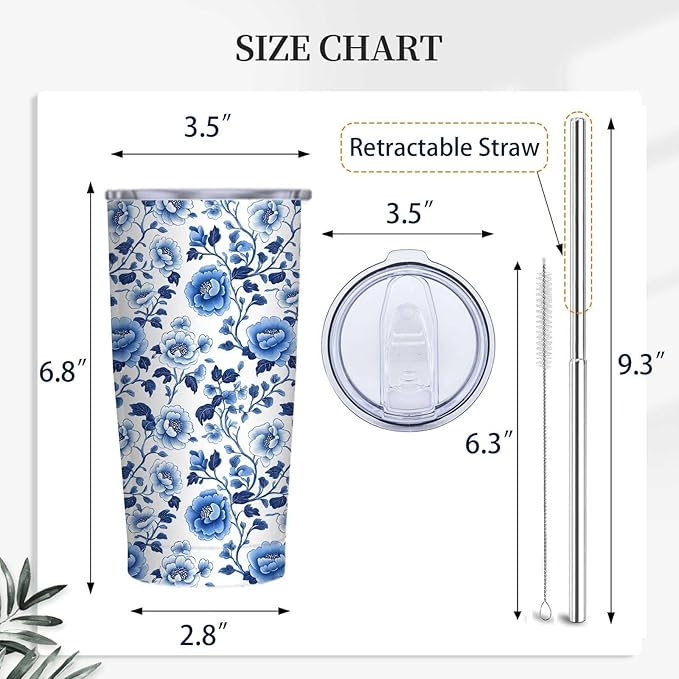 Blue Floral Tumbler 20 oz | Stainless Steel Travel Tumbler with Lid and Straw | Flower Coffee Mug for Hot & Cold Drinks | Gift for Mom Grandma | Vintage Tea Cup
