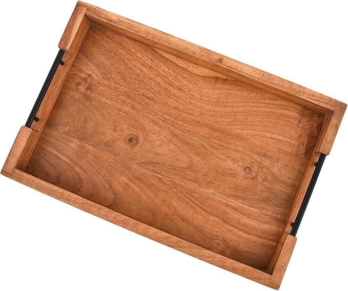 Tray with Metal Handles Acacia Wood Serving Tray Decorative Ottoman Coffee Table Tray for Living Room Kitchen Food Tray (15" X 10" X 1.6")