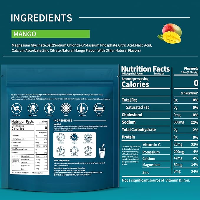 Electrolytes Powder Packets, 30 Sticks Hydration Packets Sugar Free, Electrolyte Drink Mix Portable Electrolyte Packet for Rapid Hydration, 0 Sugar & 0 Calorie, Mango Flavor
