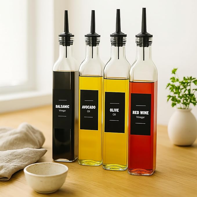 Olive Oil & Vinegar Dispenser Bottle Set with Stainless Steel Pourer, Funnel & Labels - Glass Kitchen Oil Cruet - Dispenser Bottle for Coffee Syrup, Soy Sauce, Cooking Sauces & More - 500ml - Set of 4
