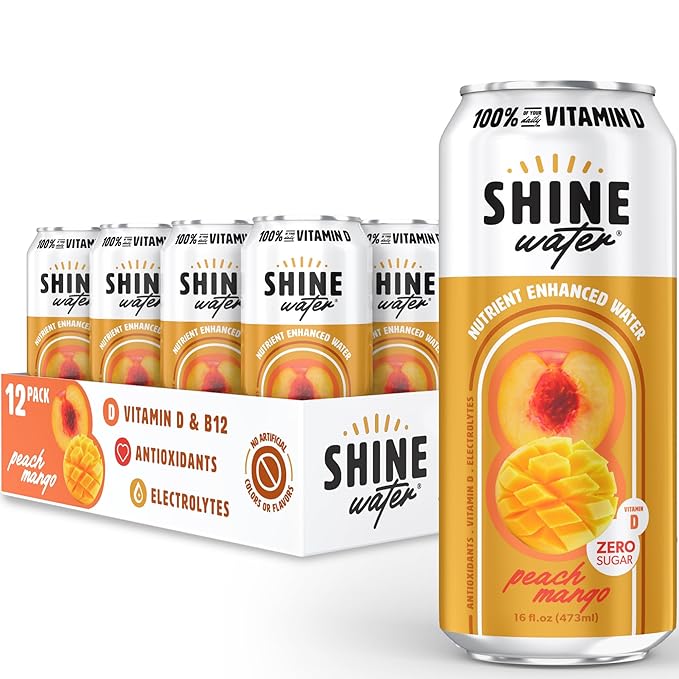 Shine Water Peach Mango Vitamin D Electrolyte Drinks 12-Pack, Sugar Free Flavored Water with Magnesium, Zinc & Antioxidants, Low Calorie Hydration Beverage, Plant-Based Vitamin Water Zero Sugar