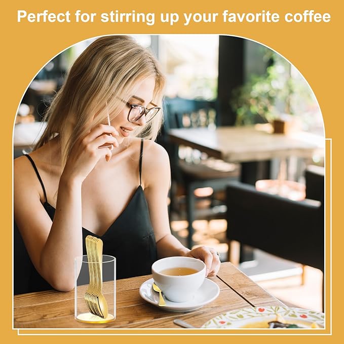 12 Pcs Gold Coffee Spoons with Holder 4.92 Inch Demitasse Espresso Spoons Mini Coffee Spoons Gold Tiny Dessert Spoons Small Tea Spoon Stainless Steel Acrylic Cylinder Holder for Party Coffee Bar Home