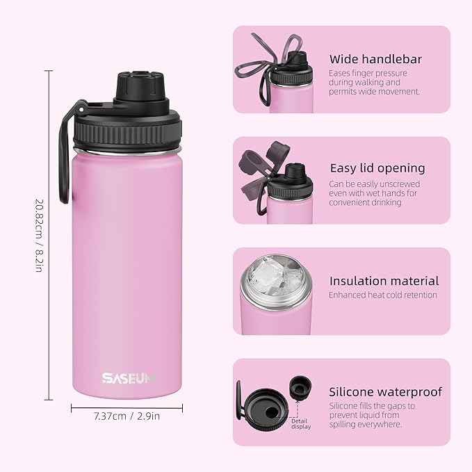 SASEUM Kids Sport Water Bottle 16oz Stainless Steel Double Wall Vacuum Thermal Mug with Leak Proof Spout Lids, Wide Mouth Metal Insulated Water Jug for Gym and Travel（Pink）