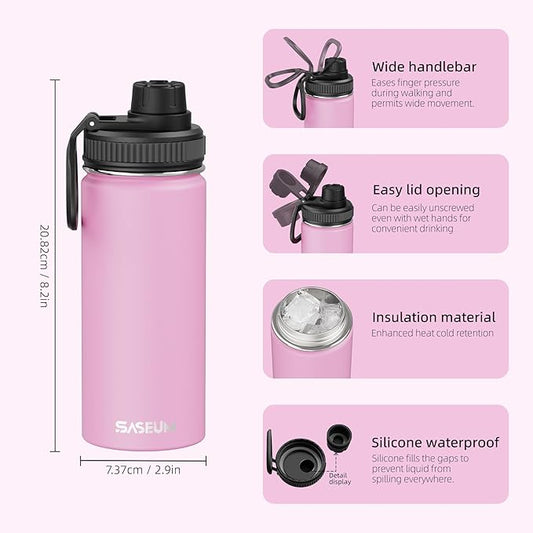 SASEUM Kids Sport Water Bottle 16oz Stainless Steel Double Wall Vacuum Thermal Mug with Leak Proof Spout Lids, Wide Mouth Metal Insulated Water Jug for Gym and Travel（Pink）