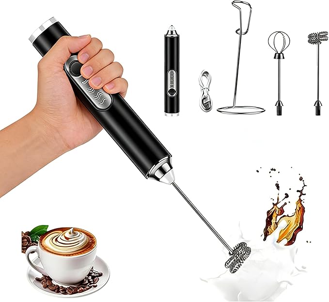Milk Frother Handheld for Coffee, Rechargeable Hand Frother Wand, Electric Whisk 3 Speed Adjustable, Drink Mixer with Stainless 2 Whisks, Foam Maker for Latte Cappuccino Matcha