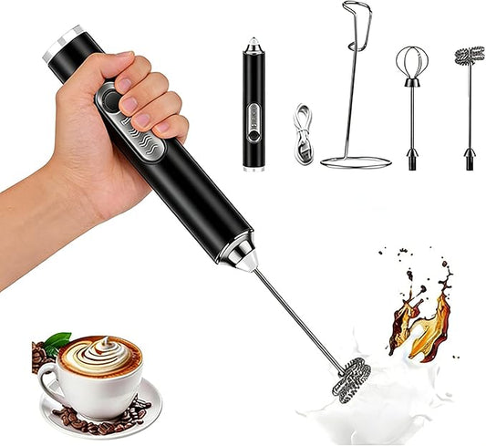 Milk Frother Handheld for Coffee, Rechargeable Hand Frother Wand, Electric Whisk 3 Speed Adjustable, Drink Mixer with Stainless 2 Whisks, Foam Maker for Latte Cappuccino Matcha
