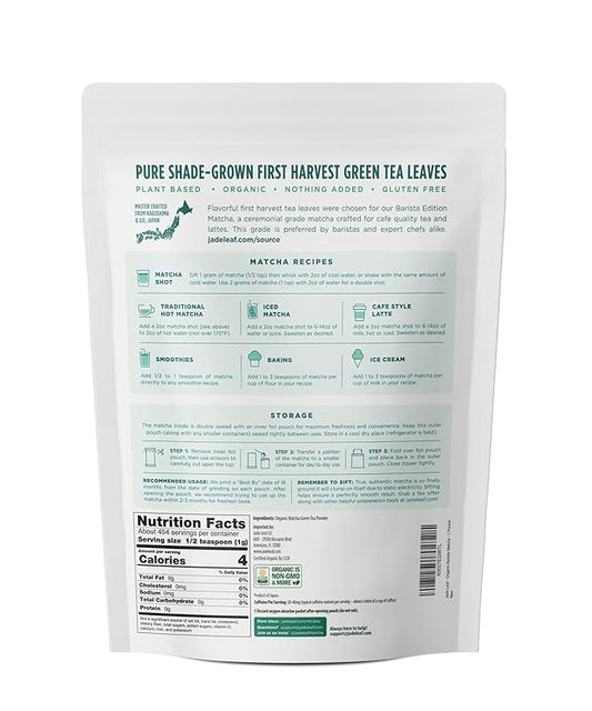 Jade Leaf Matcha Organic Premium Ceremonial Grade Matcha Green Tea Powder - Japanese - Culinary, Ingredient, Ceremonial Barista Teahouse, Latte, Collagen, 16 Ounce (Pack of 1), Ceremonial Barista
