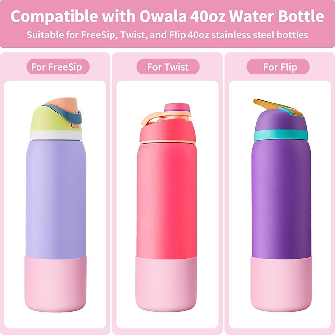 Silicone Water Bottle Boot for Owala 40 oz, Anti-Slip Protective Sleeve for Owala Twist & FreeSip & Flip Stainless Steel Water Bottle, Boot Bottom Base (Pink)