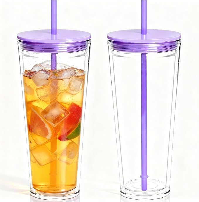 24oz Tumbler with Lid and Straw, Leak Proof and Double Wall Insulated Reusable Plastic Cups,Travel Reusable Iced Coffee Cup (2, Purple)