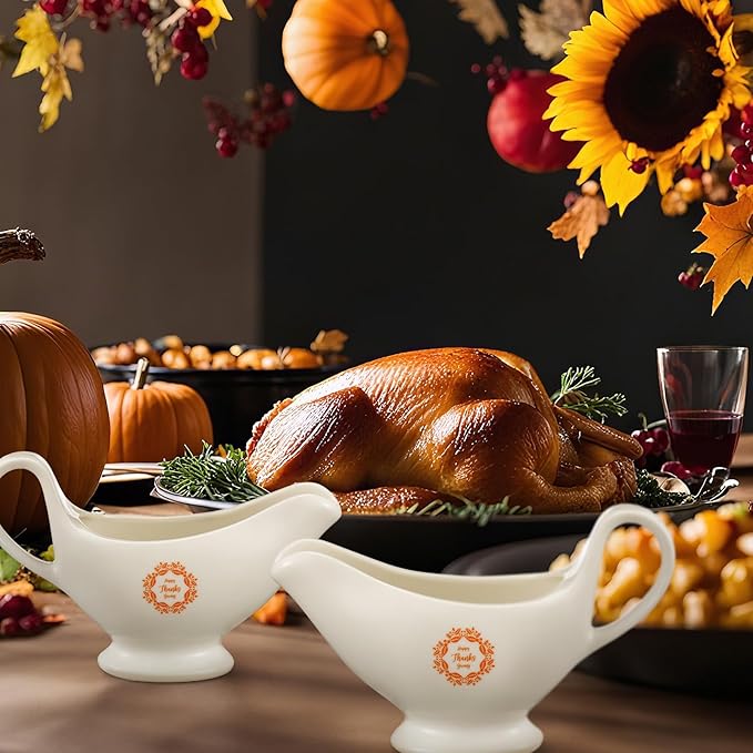 Bokon 2 Pack Thanksgiving White Gravy Boat 8 oz Sauce Boat White Ceramic Sauce Jug with Smooth Handle Creamer Pitcher for Salad Dressing Milk Broth Microwave Dishwasher Safe for Festive Gatherings