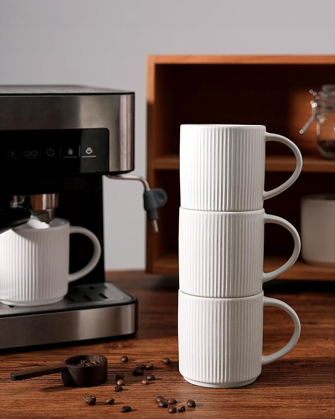 famiware Coffee Mug Set for 8, Star 12 oz Catering Mugs Cup Set with Handle for Coffee, Tea, Cocoa, Milk - Ceramic Stoneware Drinkware Set, Matte White