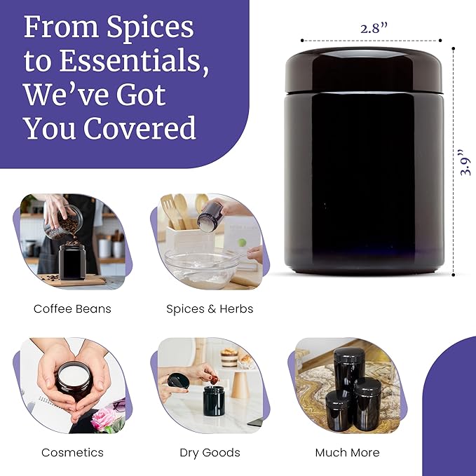 Infinity Jars, Premium Airtight Ultraviolet Glass Jar 250  ML (8.3 fl oz) Pack 3 Smell Proof, Antistatic, Light Blocking Container for Herbs, Coffee, Tea & Spices Durable, Travel-Friendly Storage